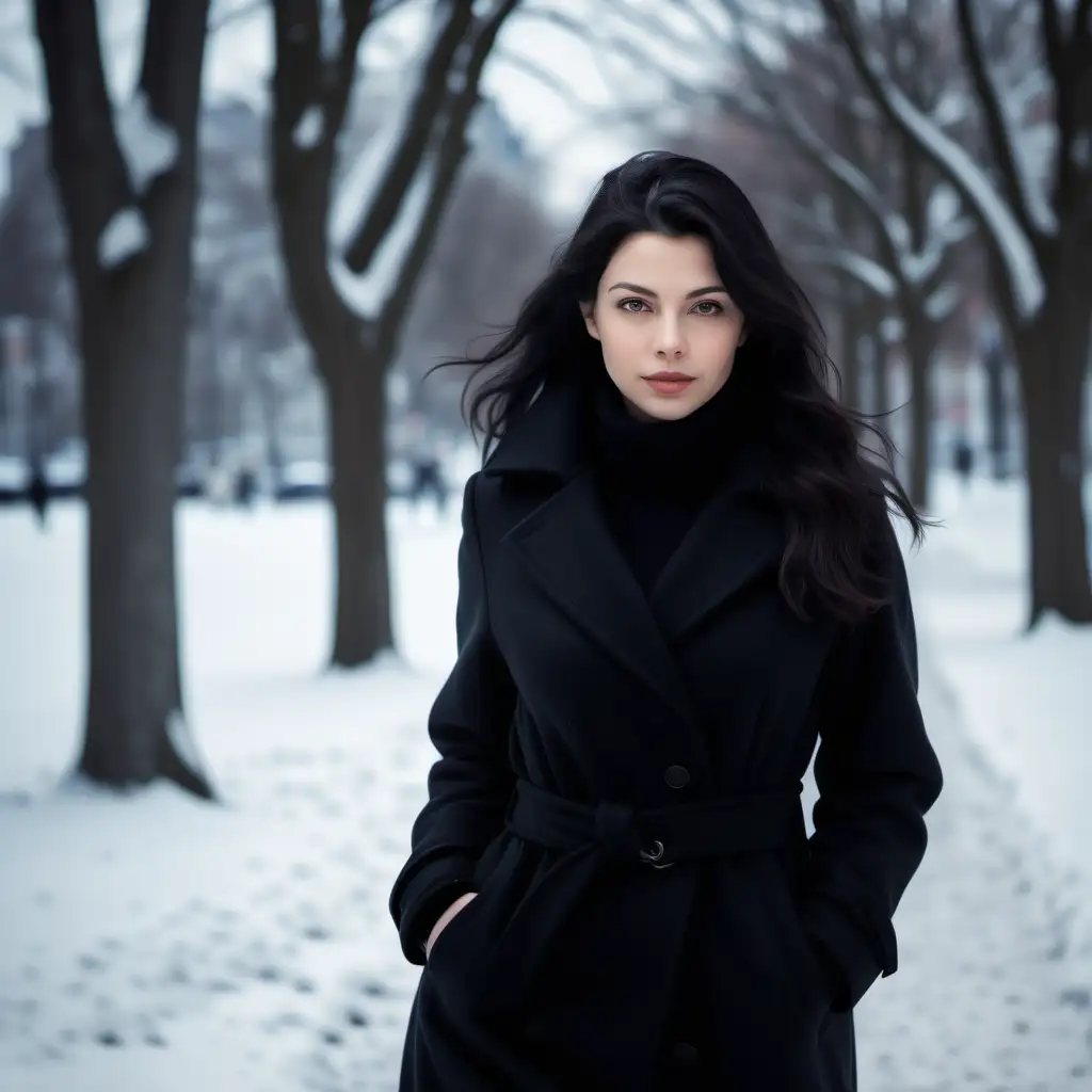 Winter Stroll Elegant DarkHaired Woman in Oslo Park