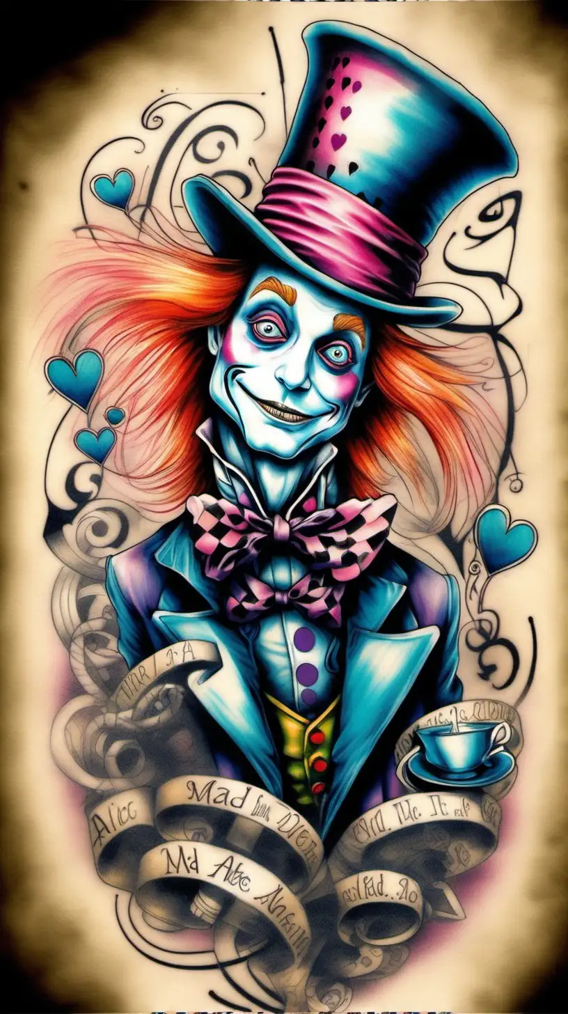 Whimsical Mad Hatter Alice in Wonderland Tattoo Sleeve Art