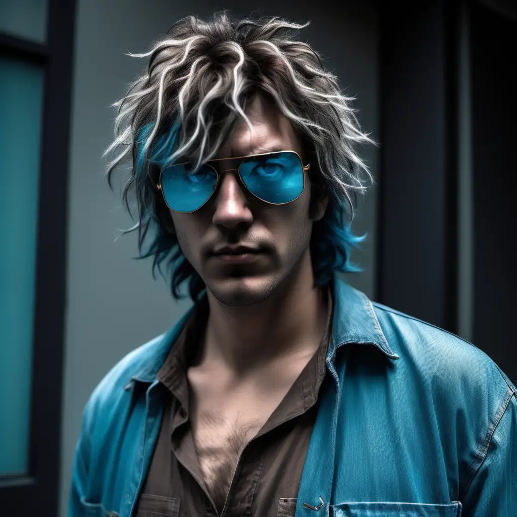 Shaggy, wild all over hair with faded blue tips and dark brown roots showing a few months of growth. A tall, large man with a bland face set with cybernetic eyes flashing occasionally behind mirrored shades. Shoulders rounded with poor posture and dressed in slightly out of date Urban flash. no chin dimple
