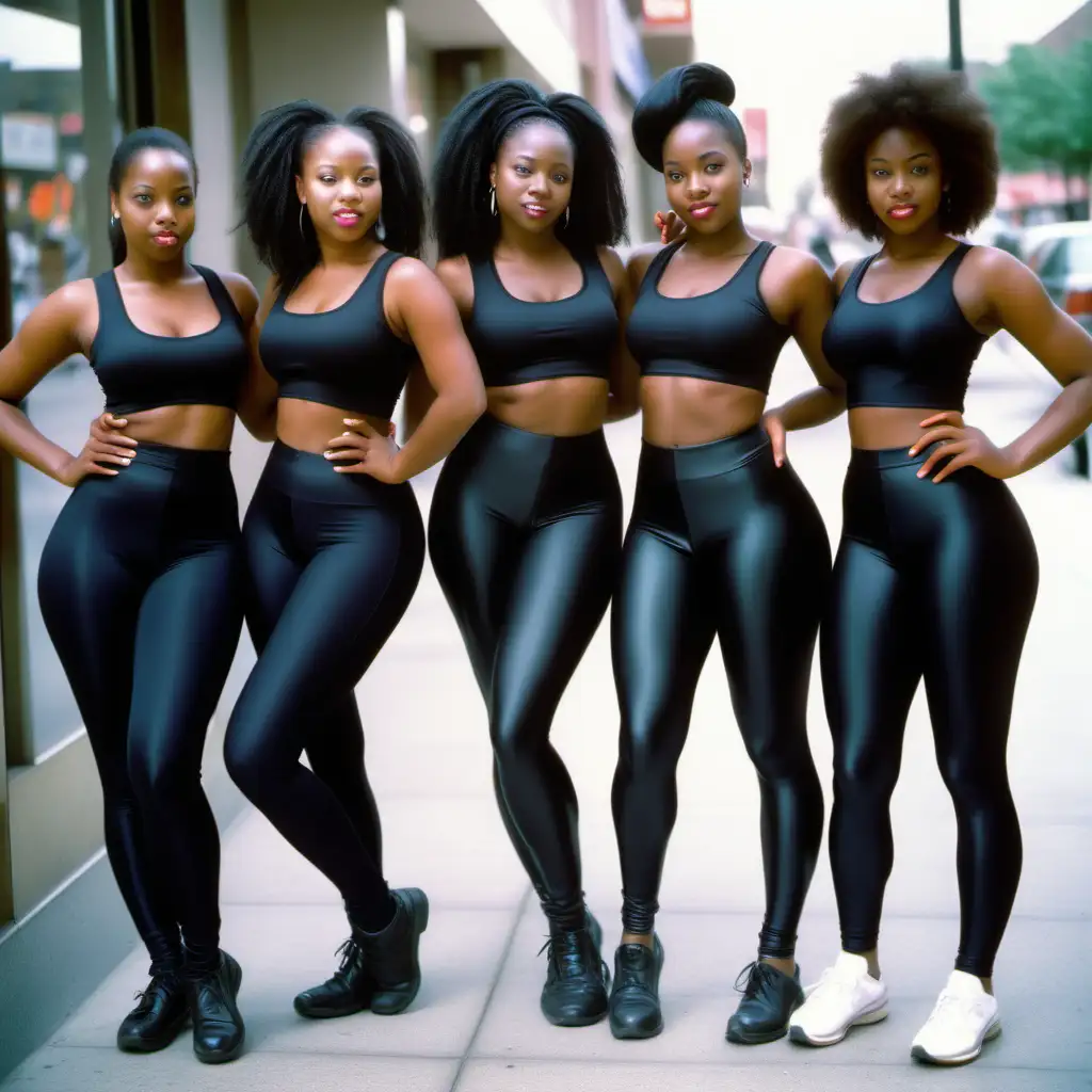 Photograph of a group of young black ladies in town wearing spandex outfits, including leggings.  These ladies are slim build with wide hips.  This photo should represent life in the 1990's in a mall.