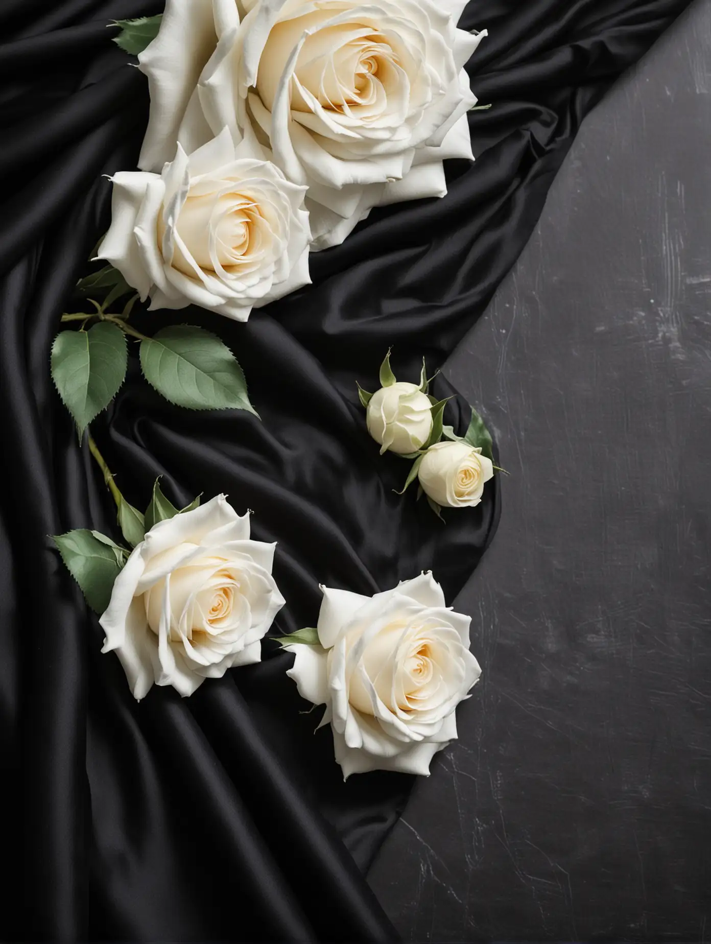 black draped fabric on the left side, on the fabric lies some beautiful white roses, large black solid background