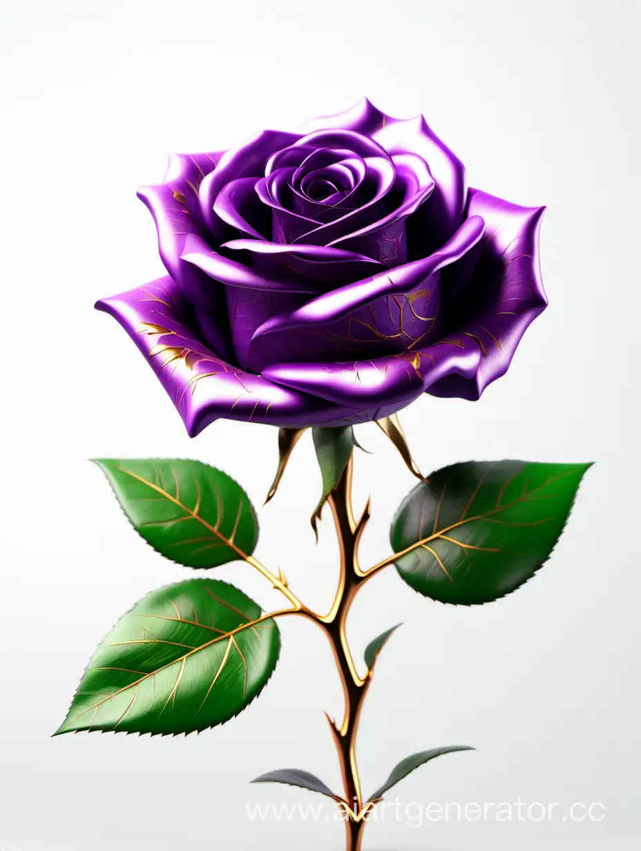Exquisite-8K-HD-Realistic-Purple-and-Gold-Rose-with-Fresh-Lush-Green-Leaves-on-White-Background