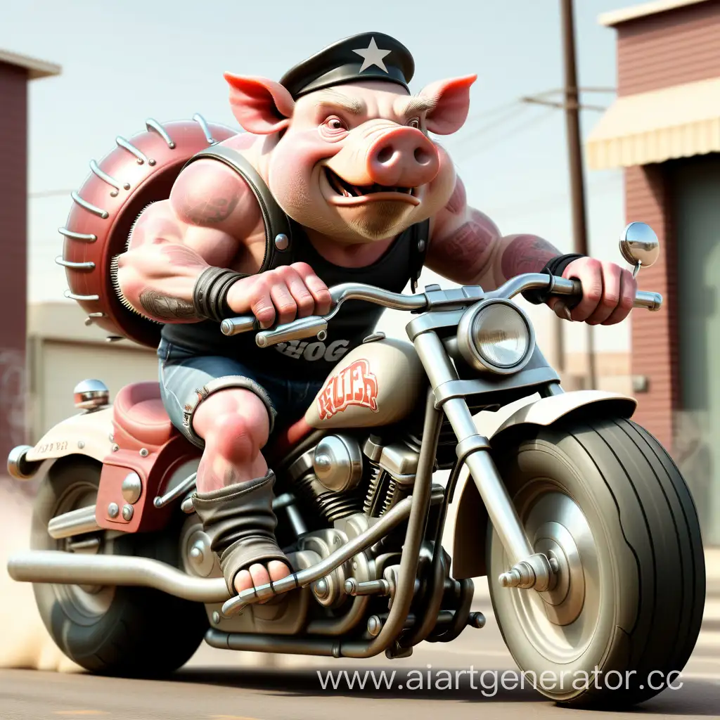 Muscular rebellious hog riding a cruiser motorcycle with a grunge or retro font