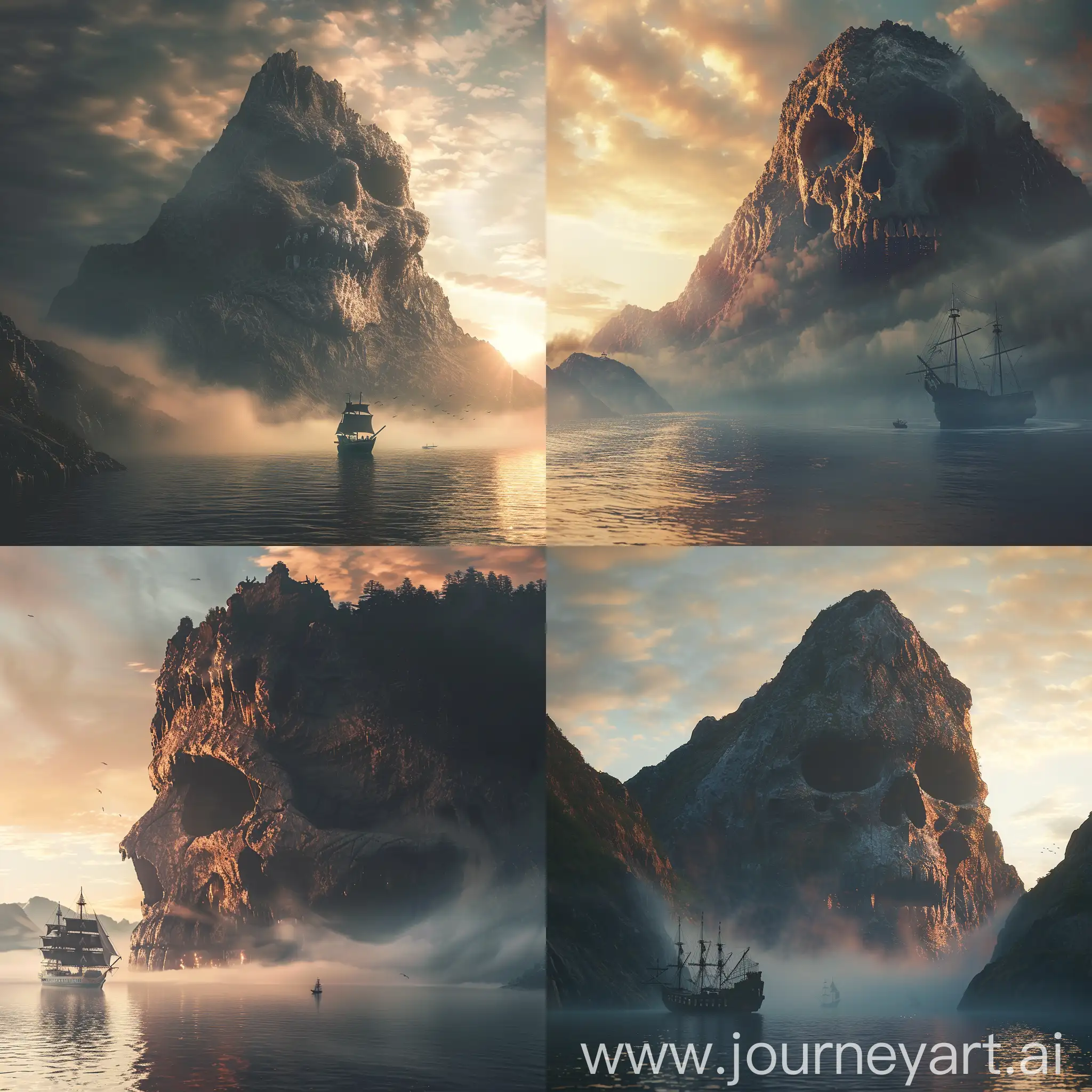   a big mountain looks like a scary  skull above the water and a ship on water, in the style of photorealistic renderings, mountainous vistas, horror, gothic, fear, firecore, transavanguardia, enchanting,sunset and light fog, style cinema , HDR, 8K, style pirate 