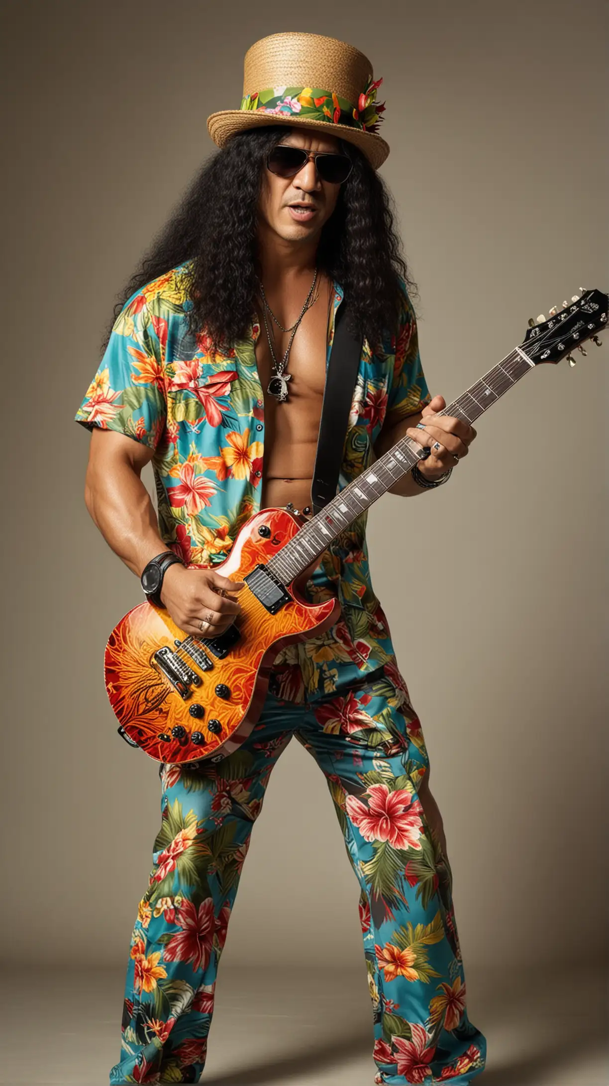Slash with an Hawaïian shirt playing guitar