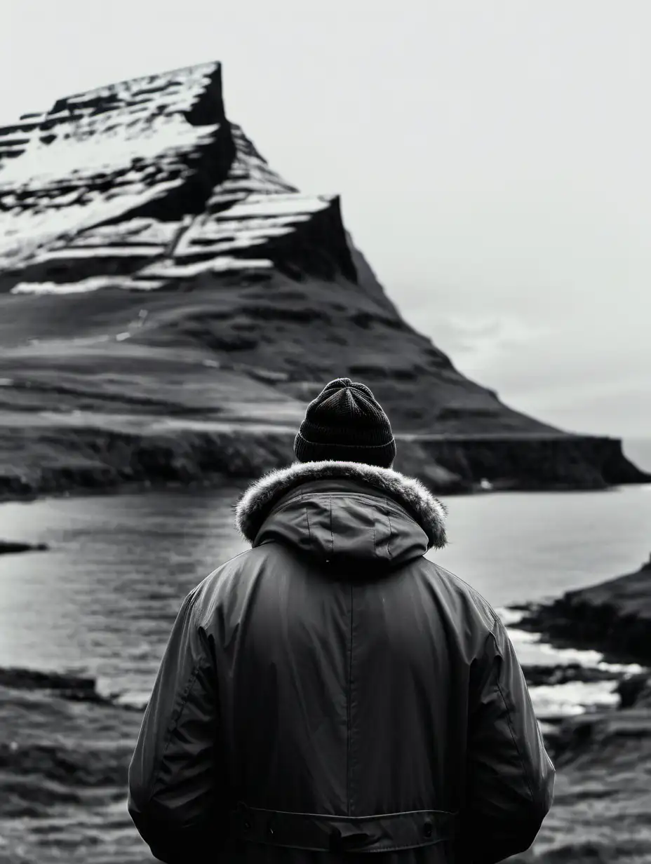 black and white faroe islands man in hat and parka standing with back gotham