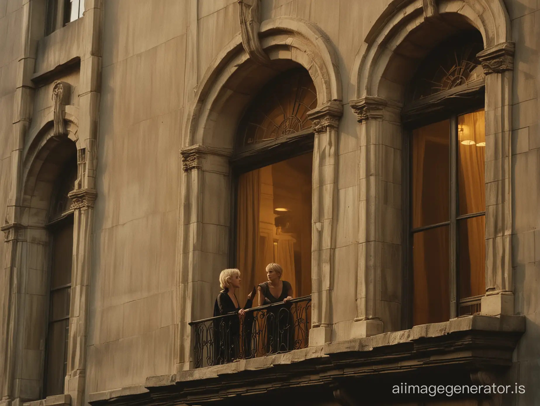 Blonde-Woman-Observing-Romanesque-Architecture-at-Sunset-Blade-Runner-Inspired-Scene