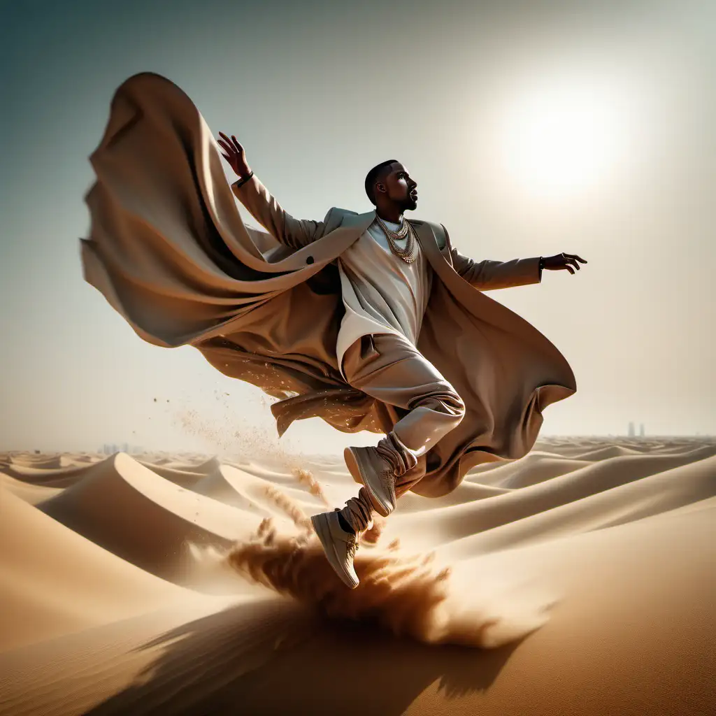 in the air diamondx  in Dubai desert, Yeezy, luxury designer,  flowing, , Real photography, movement, realism, detailed texture, Cinematic, Color Grading, Ultra-Wide Angle, Depth of Field, hyper-detailed, beautifully color-coded, insane details,