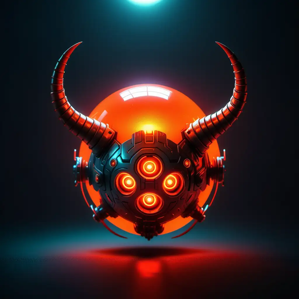 Floating, Small, glowing orange sphere of light with luminous red horns. Cyberpunk style 