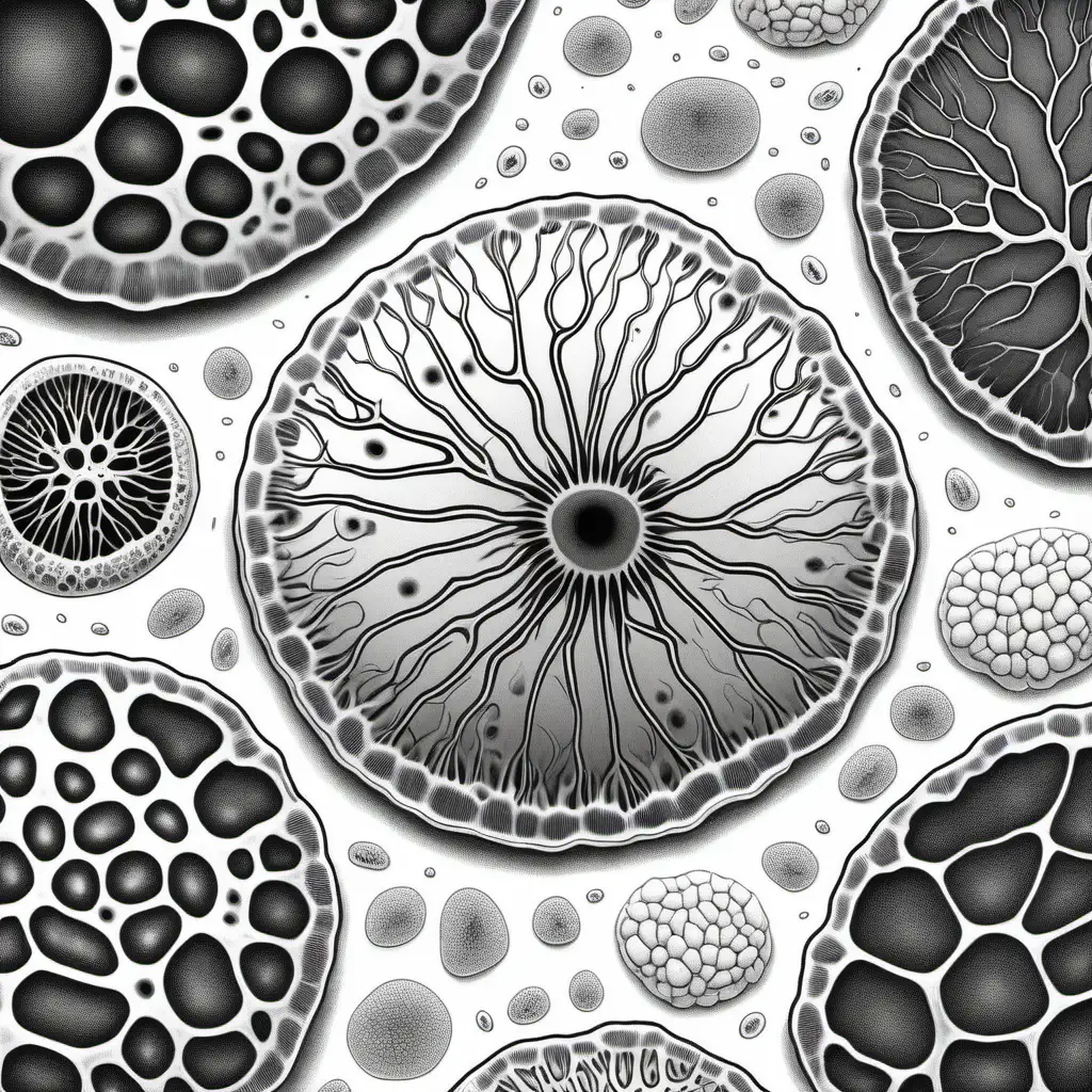 child coloring book, black and white. Illustrated, dark lined, no shading. microscope view of animal cells