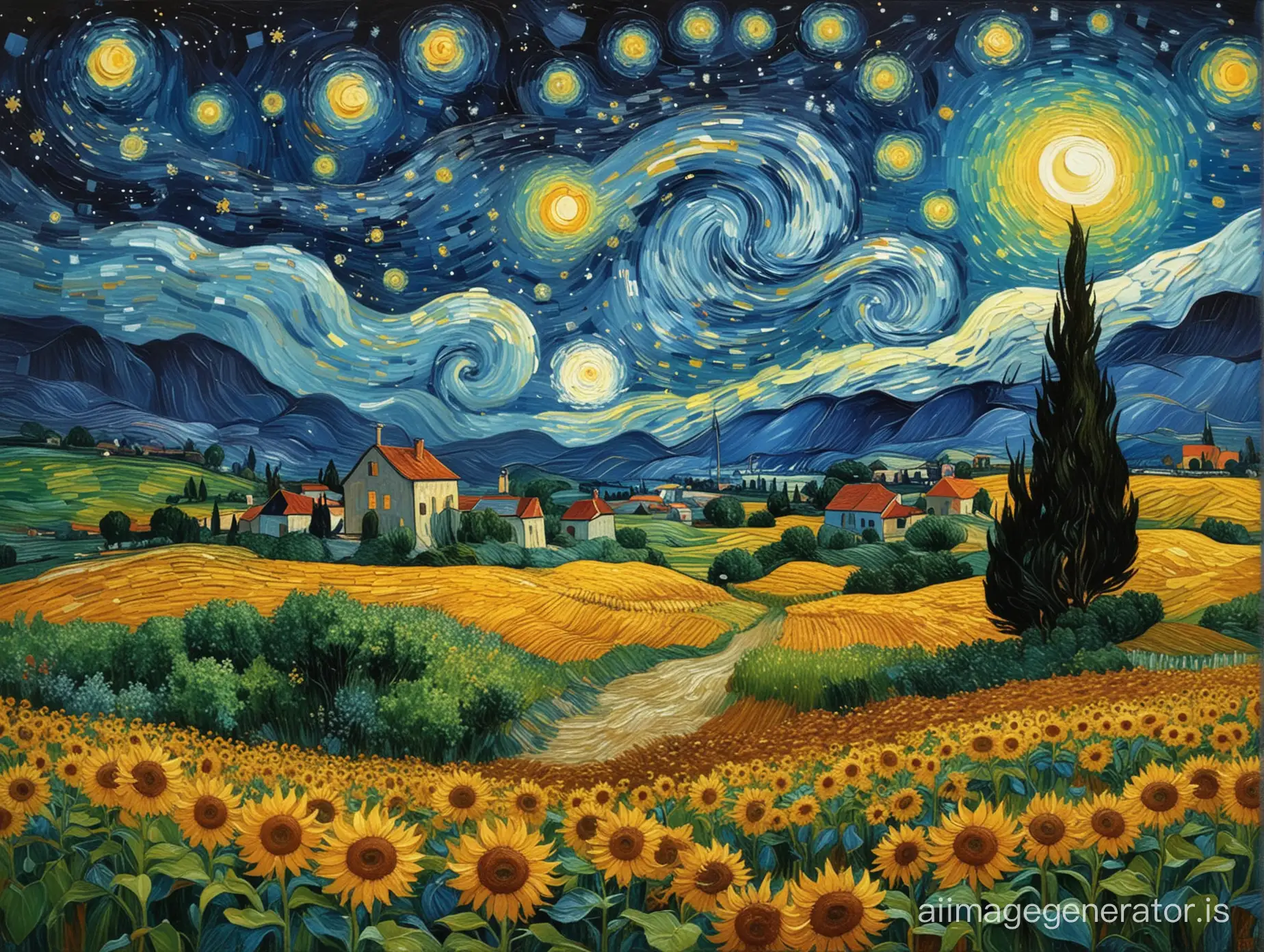 Vibrant-Van-Gogh-Inspired-Landscape-with-a-Single-Sunflower