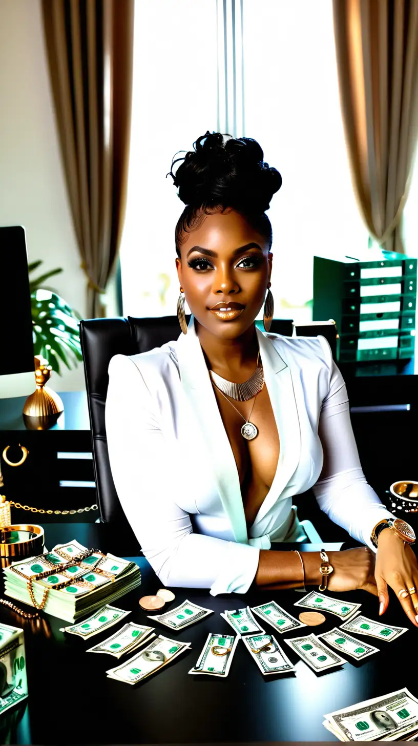 Glamorous Black Businesswoman at Luxurious Desk with Boss Jewelry and Cash