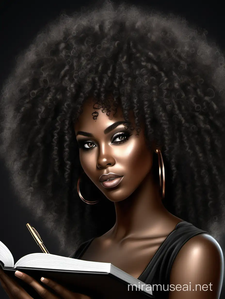create a digital airbrush Imagine of a gorgeous black female writing in a journal. Prominent make up with hazel eyes. Highly detailed black curly afro. 