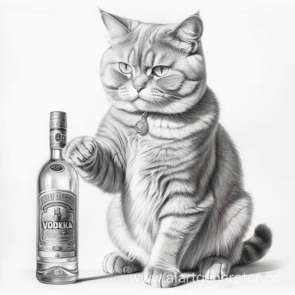 Pencil drawing, a British cat holds a bottle of vodka in its paws