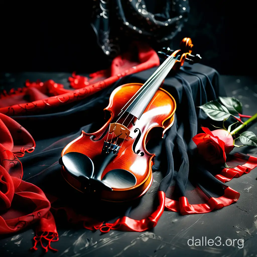 на темном фоне скрипка стоит, яркий шифоновый шарф и красная роза лежит рядом