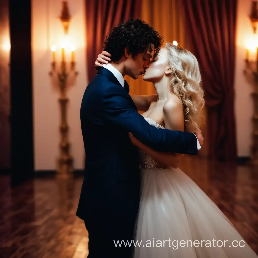 A young beautiful girl with blonde hair in a beautiful long dress is kissing a guy with dark curly hair in a suit. candlelight, wedding, decorated hall.