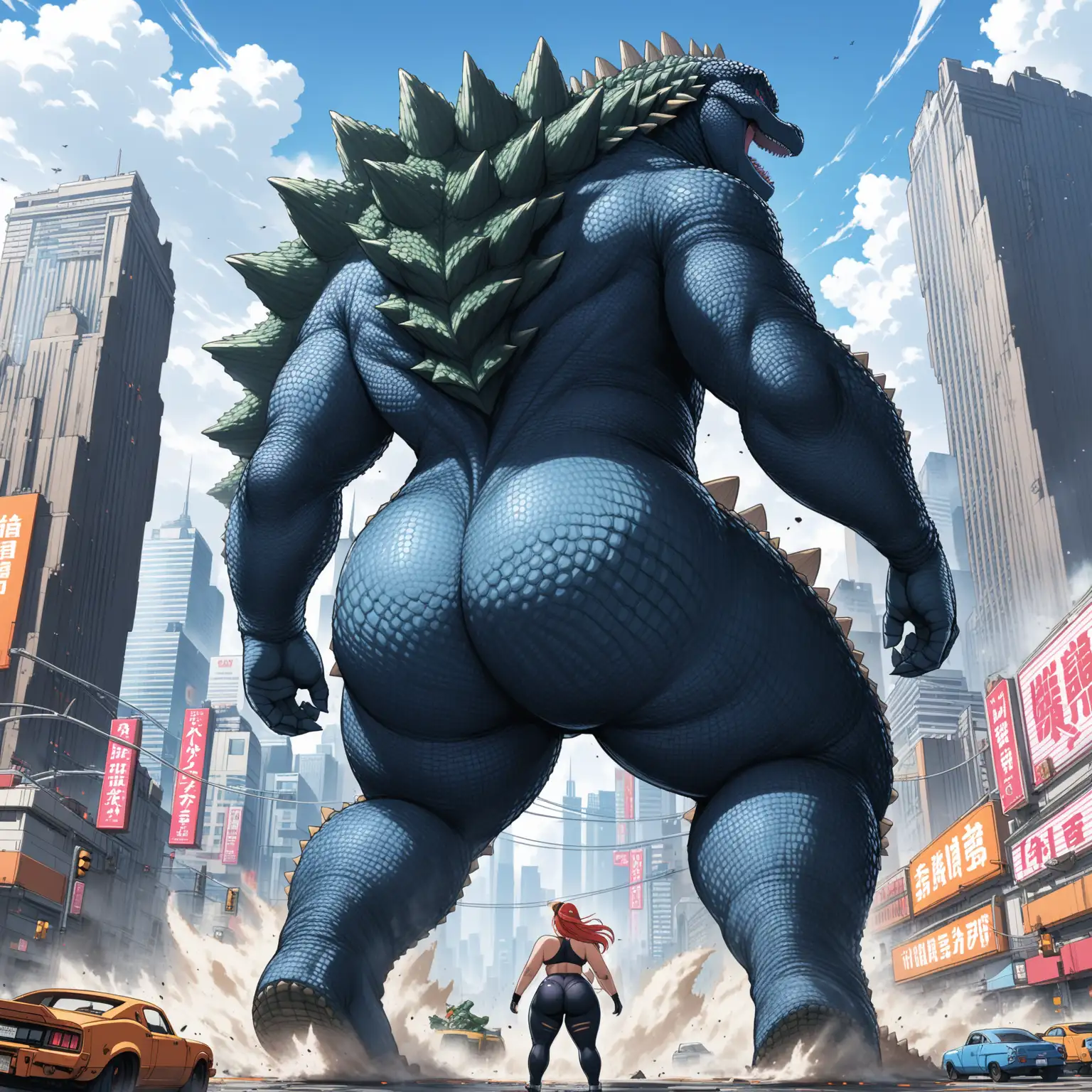 Monstrous Godzilla with Enormous Booty Causing Havoc in the Cityscape