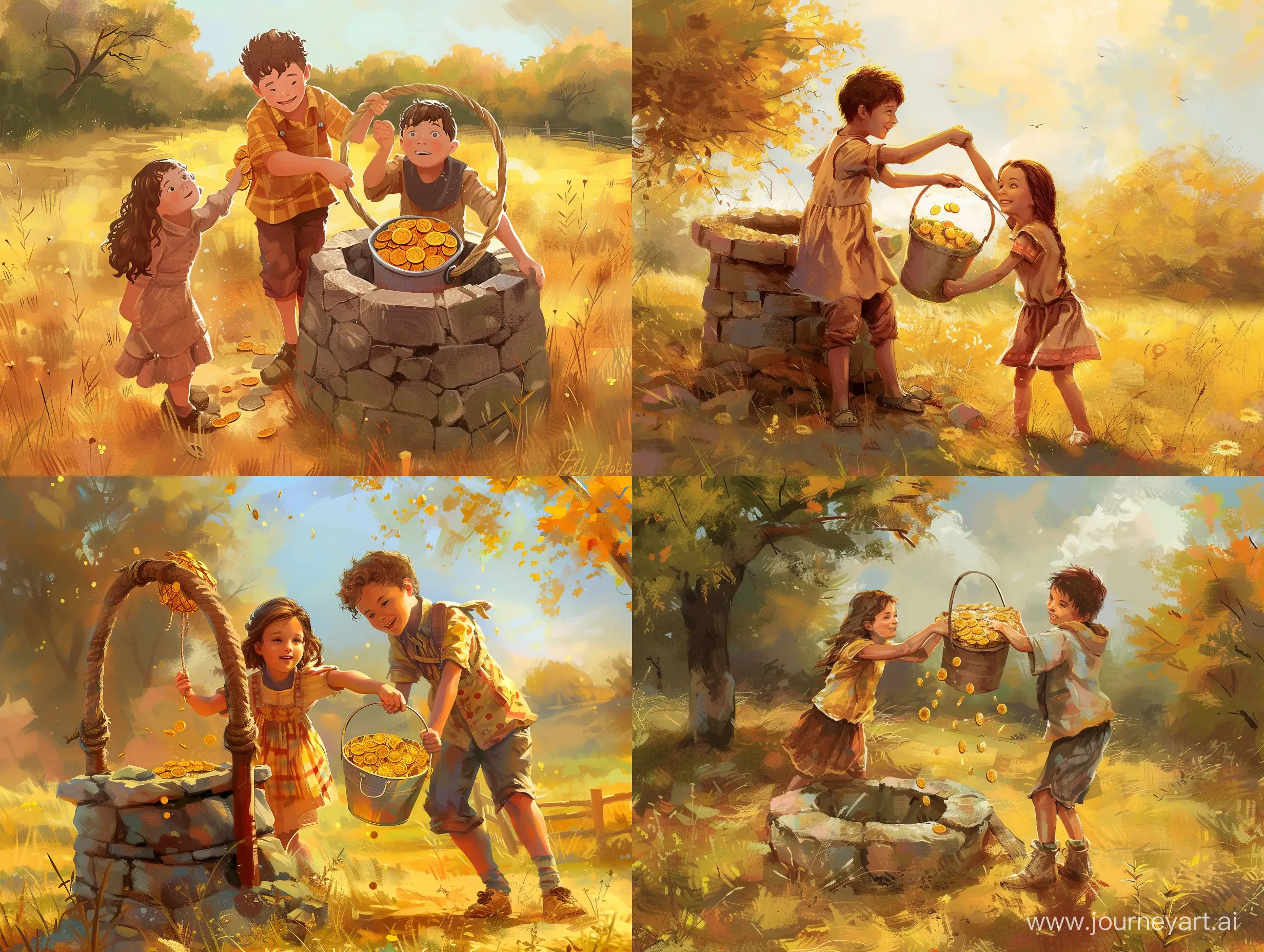 Painted digitally, likely using a tablet and stylus in a program that emulates traditional painting techniques, contemporary era, warm color palette with yellows, browns, and oranges.
An illustration of a brother and sister pulling up a bucket filled with gold coins from an old stone well in a sunny meadow. The siblings look excited and happy. Digital art.