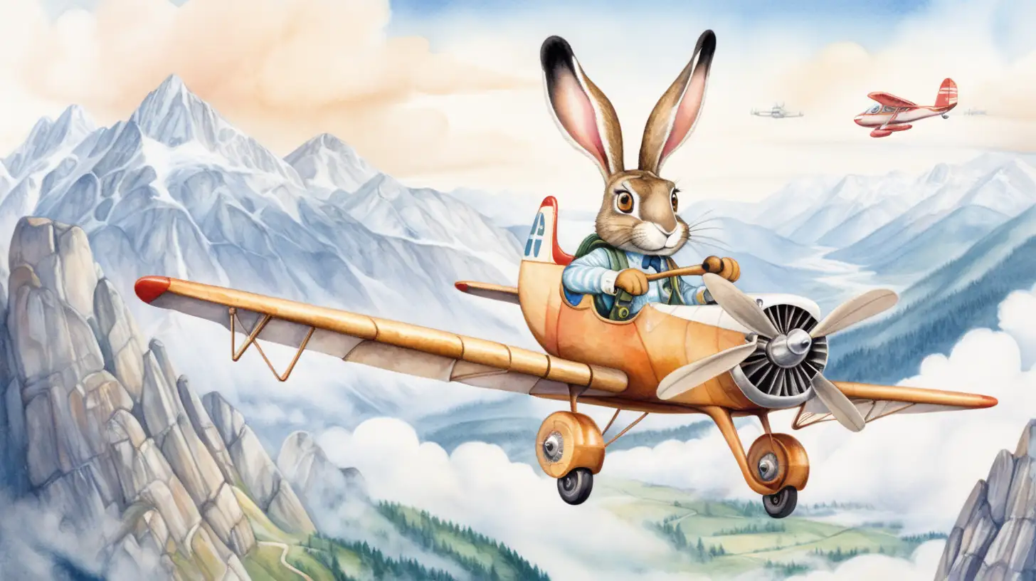 Zde je ilustrace zajíc, jako pilot, který řídí letadlo s vrtulí, pohled je na letící letadlo,které má vpředu vrtuli, Je to hravým a nápaditým způsobem zachycuje dobrodružného ducha raného letectví. na obrázku je vidět více hory a v oblacích je jen letadlo s zajíček, akvarel styl