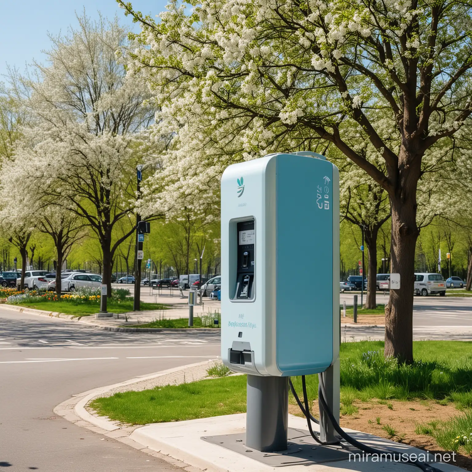 A beautiful spring day in Sofia Bulgaria. Close up on Blue Alpitronic HYC 150 EV charging station on the parking lot. Beautiful  blooming green spring trees around the parking lot with spring flowers. A green park behind and a green park in the distance far behind.