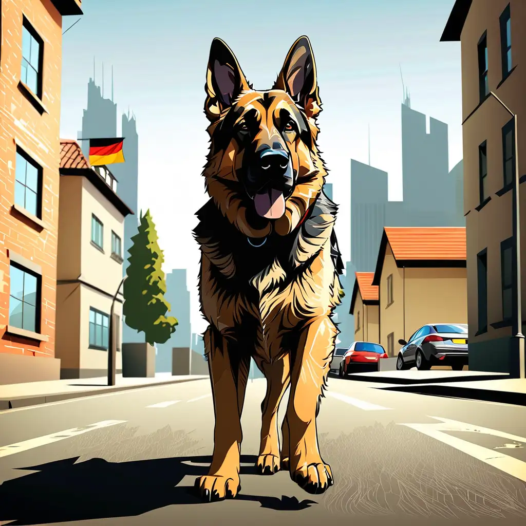 German Shepherd walking down street, large dog, dog looking away, low perspective, city in the background, vector