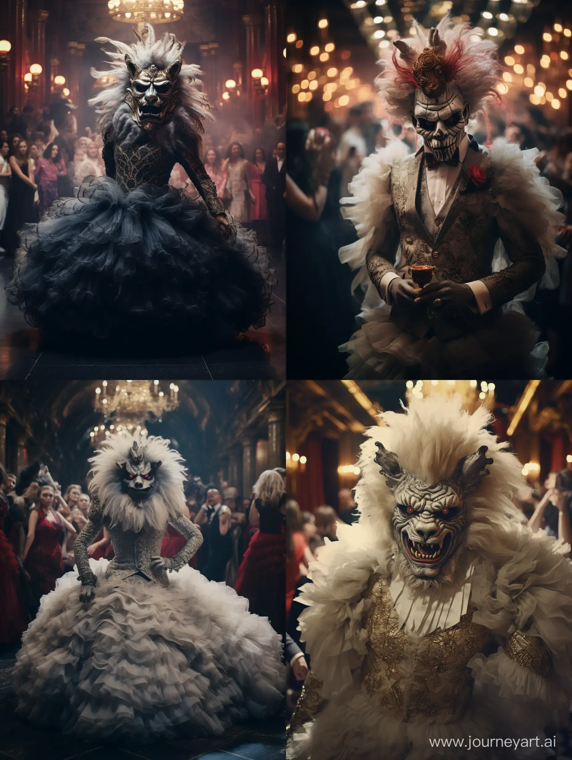 A formal monster ball for monsters only, Photojournalism, Shot on 70mm, Supplementary-Colors, 2.5D, 4k, Coloroid, Angelic, Powerful, Beautiful Lighting, Tone Mapping, Mythical humanoids, anthropomorphic, Elegant , Formal, Ballroom