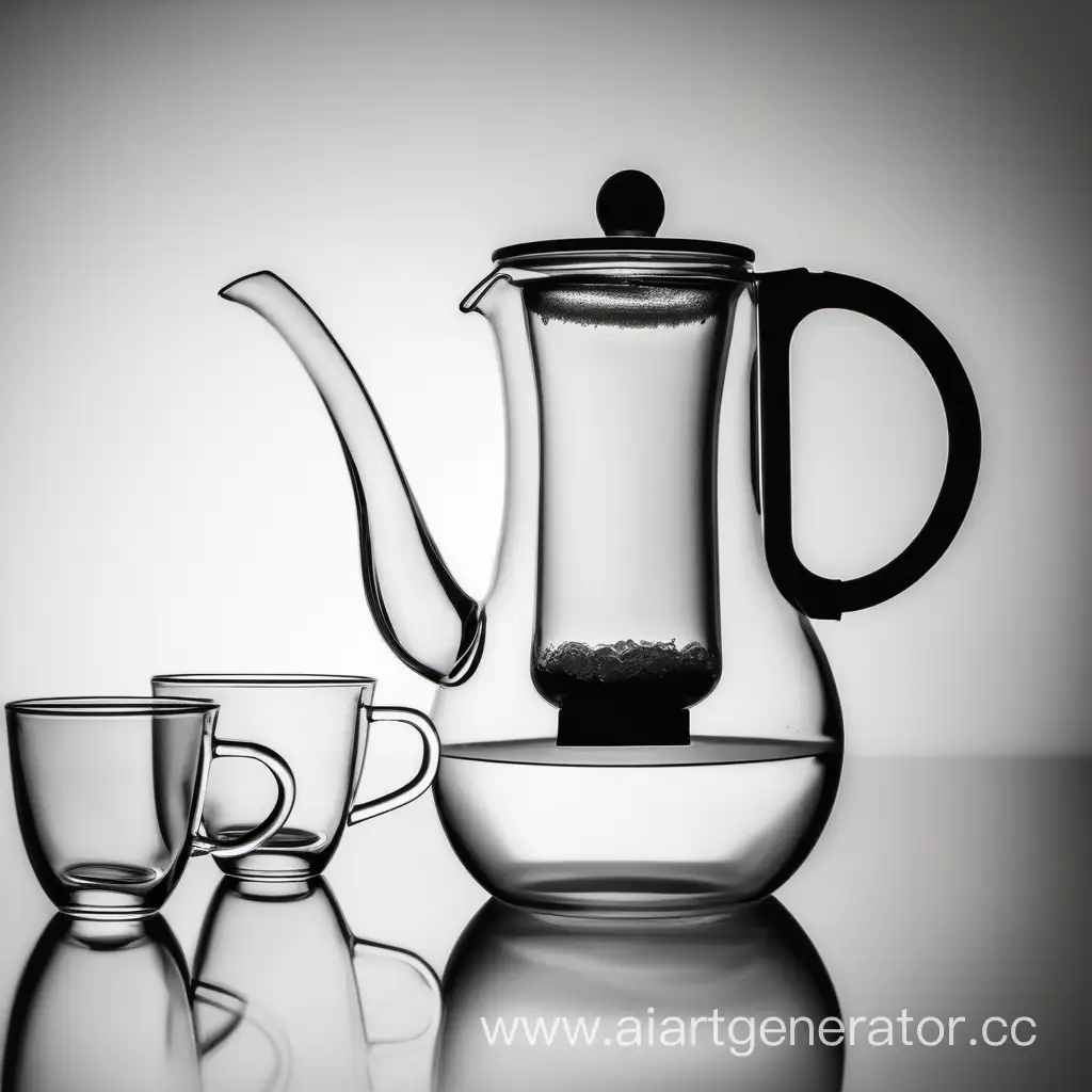 стеклянный заварочный чайник с чашками на однотонном фоне

