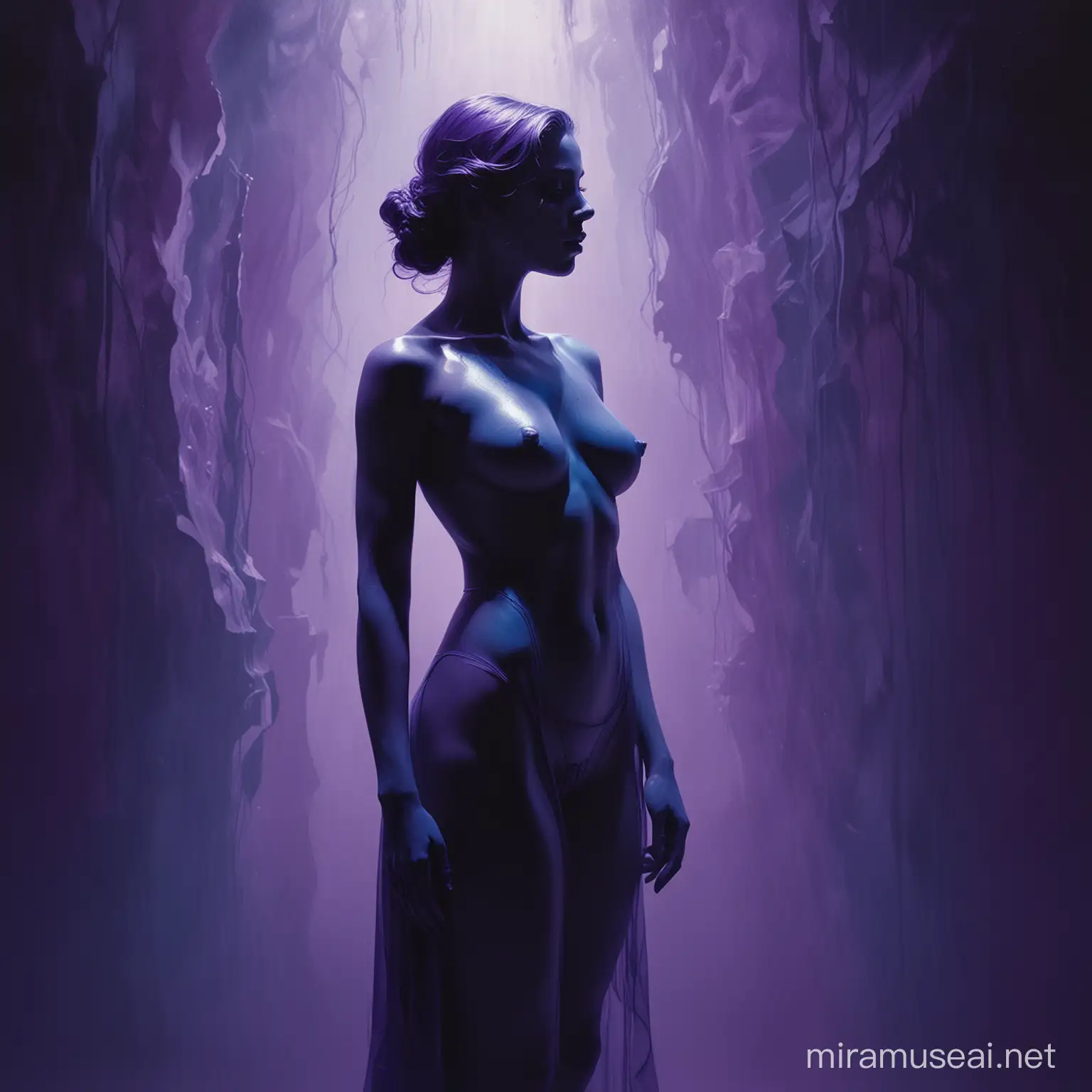 abstract artistic interpretation of a captivating domme figure, blending realism with surrealism to evoke a sense of intrigue and mystery. The scene is set in a dreamlike environment with ethereal lighting, casting soft, diffused shadows that play on the figure's silhouette. The color palette leans towards monochromatic tones, emphasizing shades of deep blues and purples, adding a mystical aura. The style draws inspiration from the works of  , incorpora