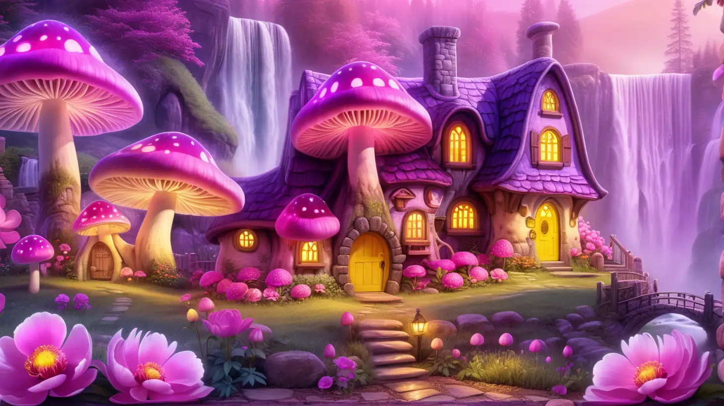 magical rainbow glowing mushroom village with purple mushroom windows and doors and a chimney in a garden of pink and glowing yellow peony by a waterfall