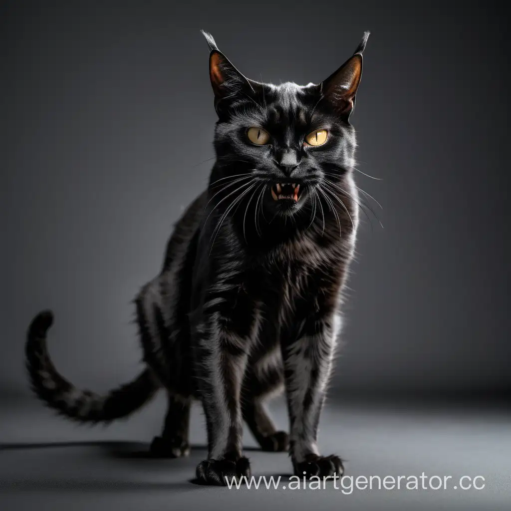 сердитый черный кот без ушей похожий на черта нижние лапы на полу без верхних лап с двумя хвостами на сером фоне в черную мелку точку
