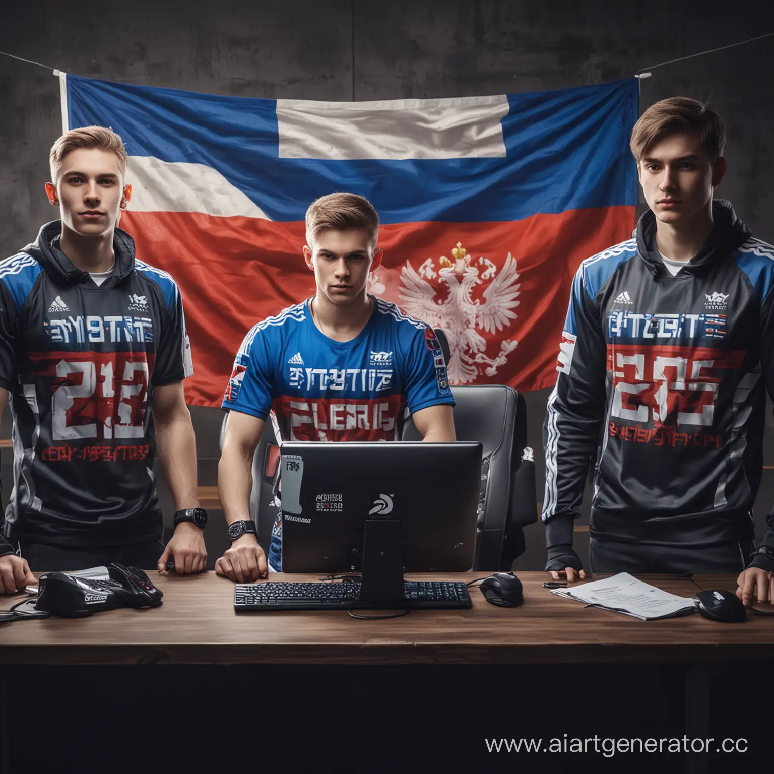 Привет! Представь что у России есть национальная сборная по киберспорта  называется ByteBlitz, ты должен нарисовать команду по киберспорту в униформе - на ней должен быть флаг России и название команды, а также на изображении должна быть киберспортивнрая символика. Должны быть мальчики 16-18 лет и они должны сидеть за компьютером и тренироваться. 