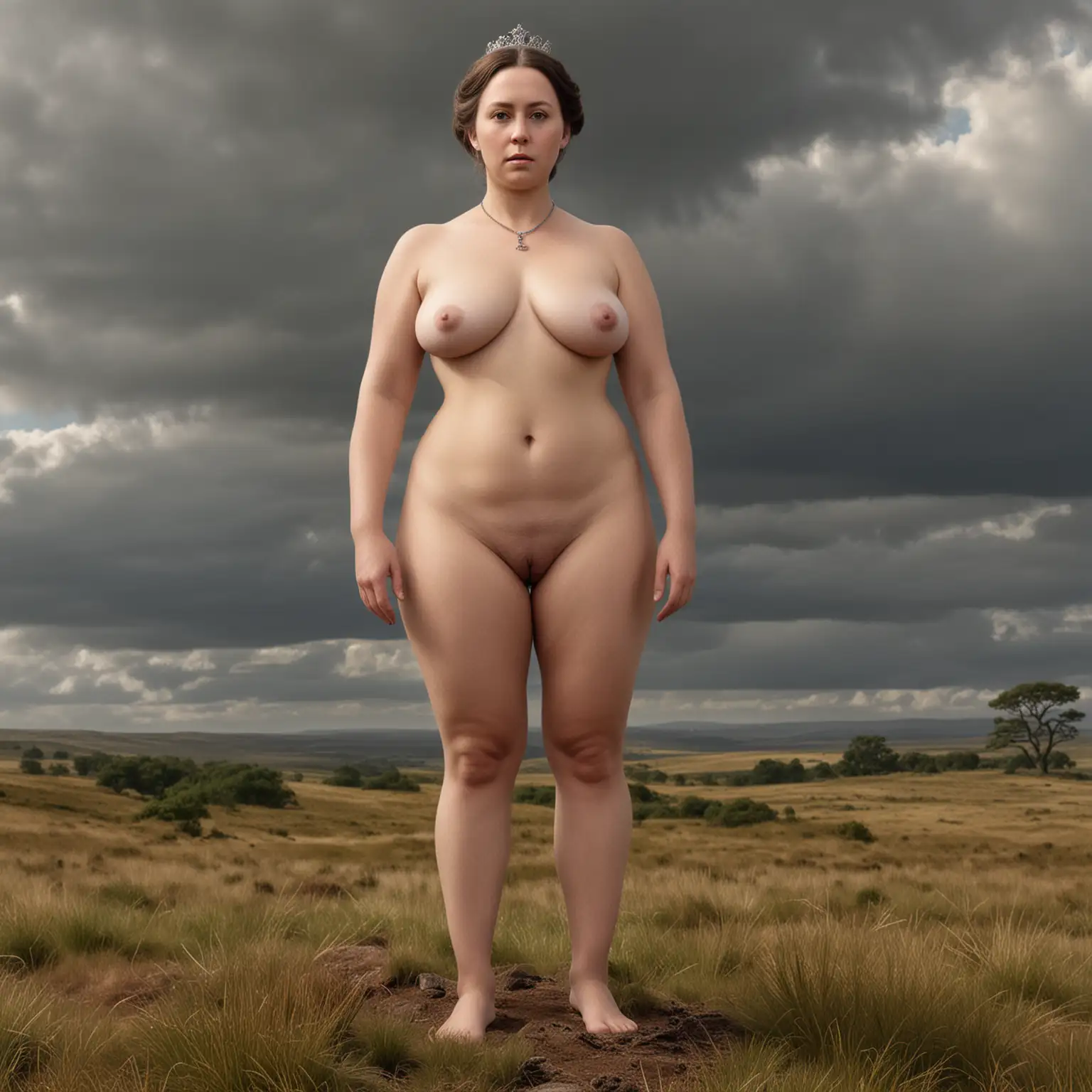 Queen Victoria of England. Standing completely Naked on a moor. Casual full frontal nude. photo-realistic. 