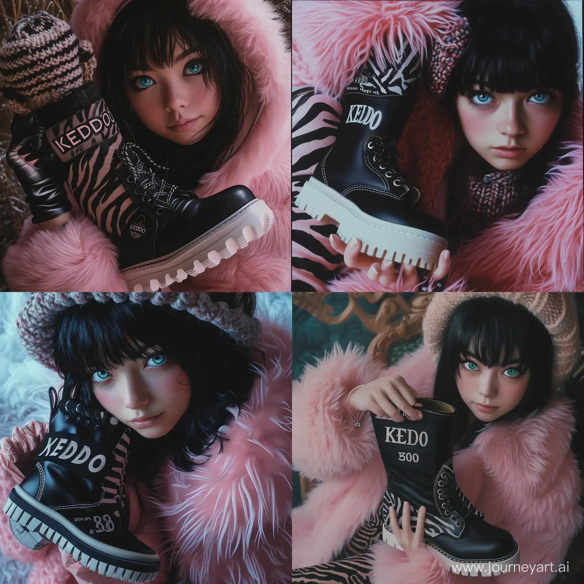 portrait of a girl with boots in hand, KEDDO inscription on the boots, KEDDO logo, black hair, professional photo, realistic, emerald blue eyes, black boot with white sole, zebra print, in a pink fur coat, in a knitted hat, 300dpi, realistic, f /19, soft light