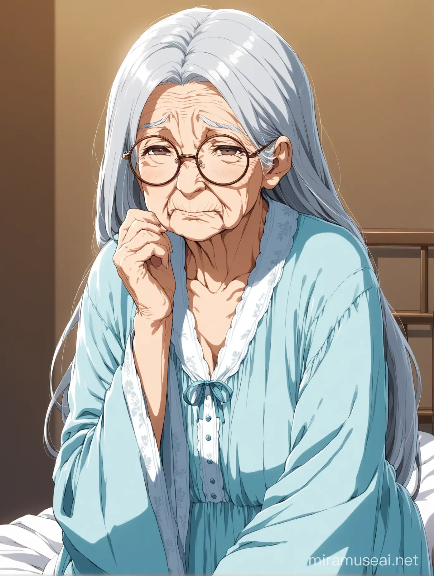 Anime, Old lady, wrinkled, with long gray hair, wearing light blue nightgown, white shawl, round glasses.