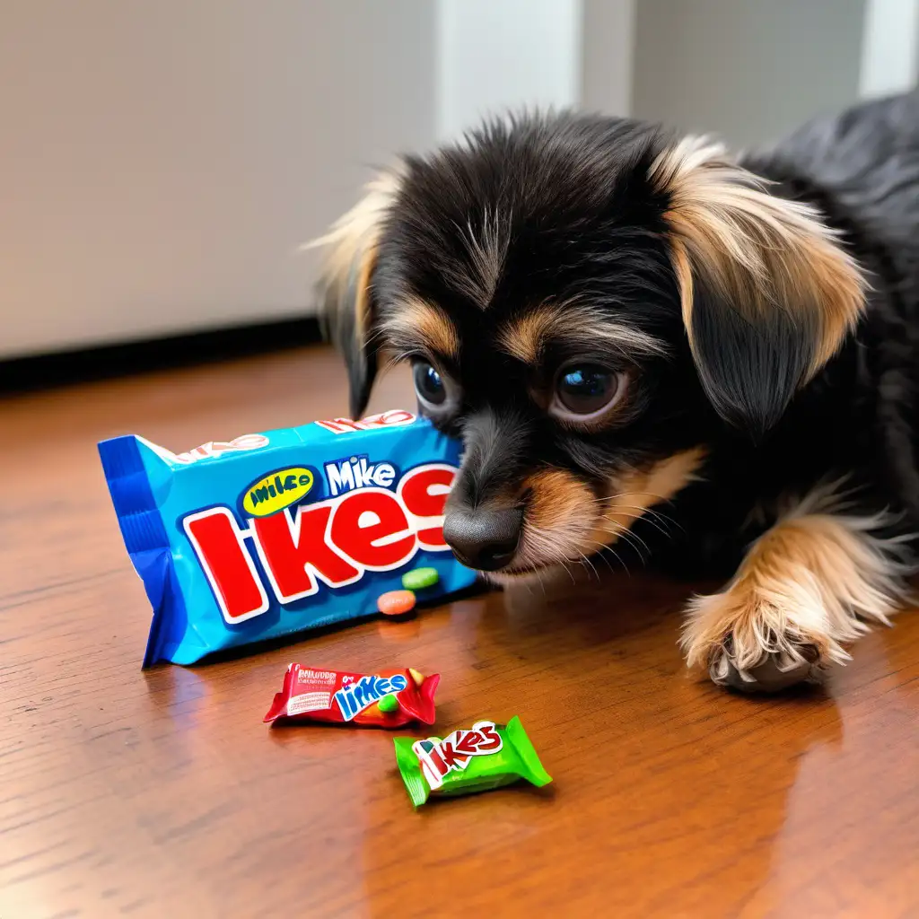 small dog looking at a package of Mike and Ikes candy left on the table
