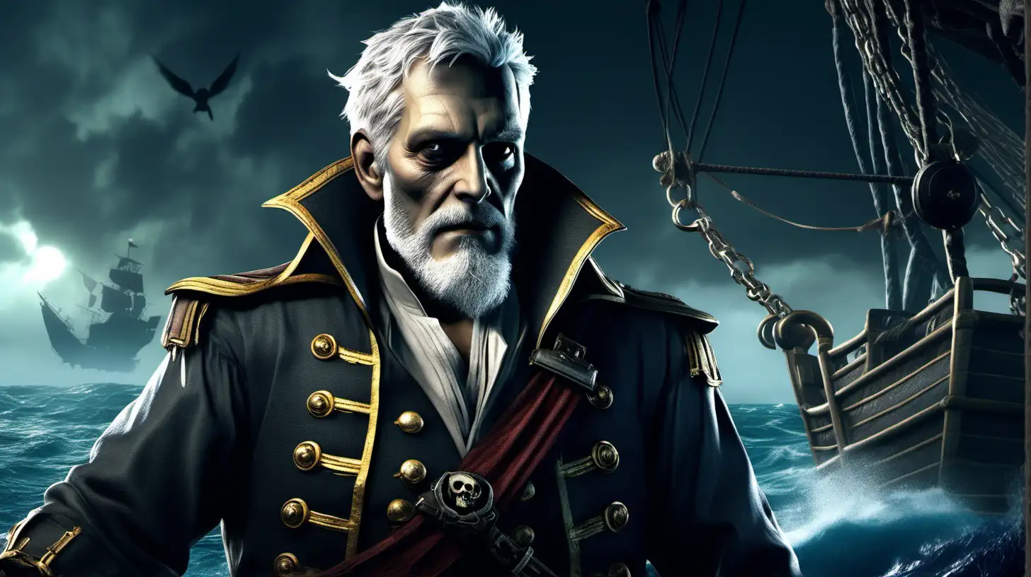 a grey haired male pirate with very short hair and a short grey beard, on a pirate ship, in the style of the video game skull and bones, background of dark seas, no other people in the image