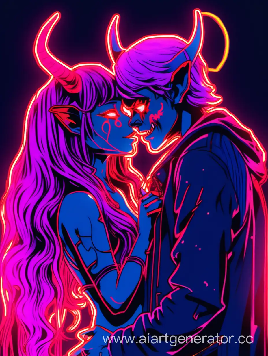 демон девушка и парень демон, с любовью целуются в неоне