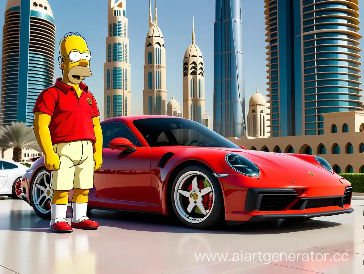 Homer Simpson stands next to a 2020 red Porsche 911 against the backdrop of Dubai's high-rise buildings