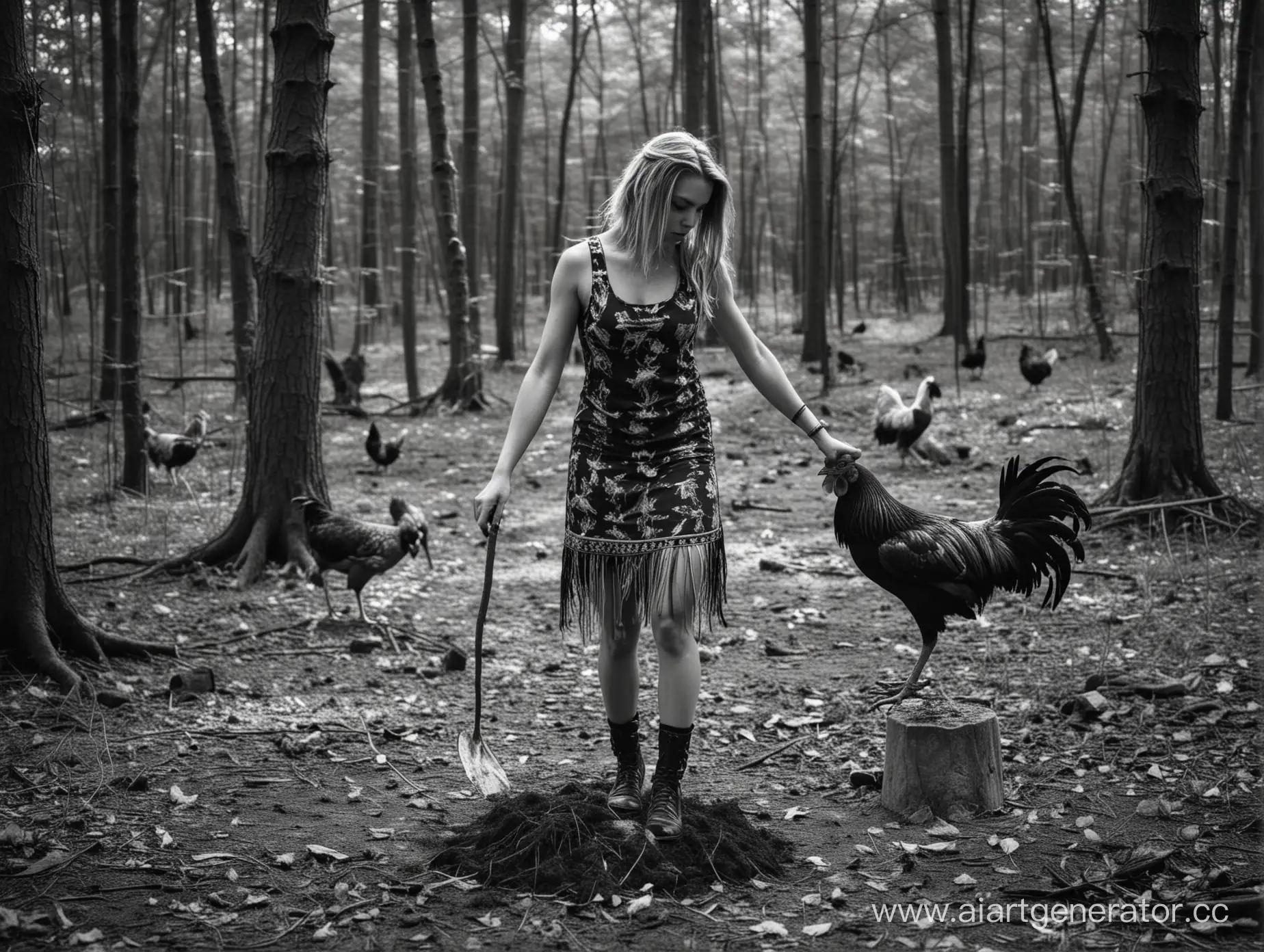 sacrifice of a rooster, girl doing satanic ritual,wearing tanktop dress ,doing ritual in the woods,black and white photography, high contrast photography, sharp super contrast