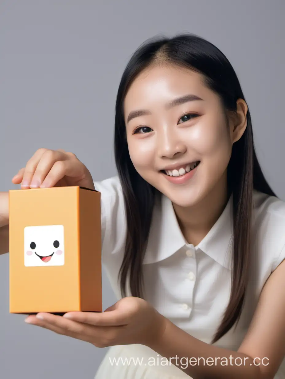 happy asian girl looks at the little flat rectangle box 

