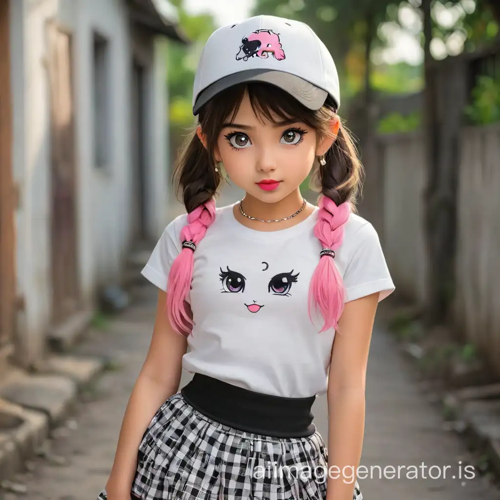 A 16 years cute girl with  black and white small skirt and white plain  t shirt with black colour cap with a chain with pink colour lips beautiful eyes in standing position with two little pony tails