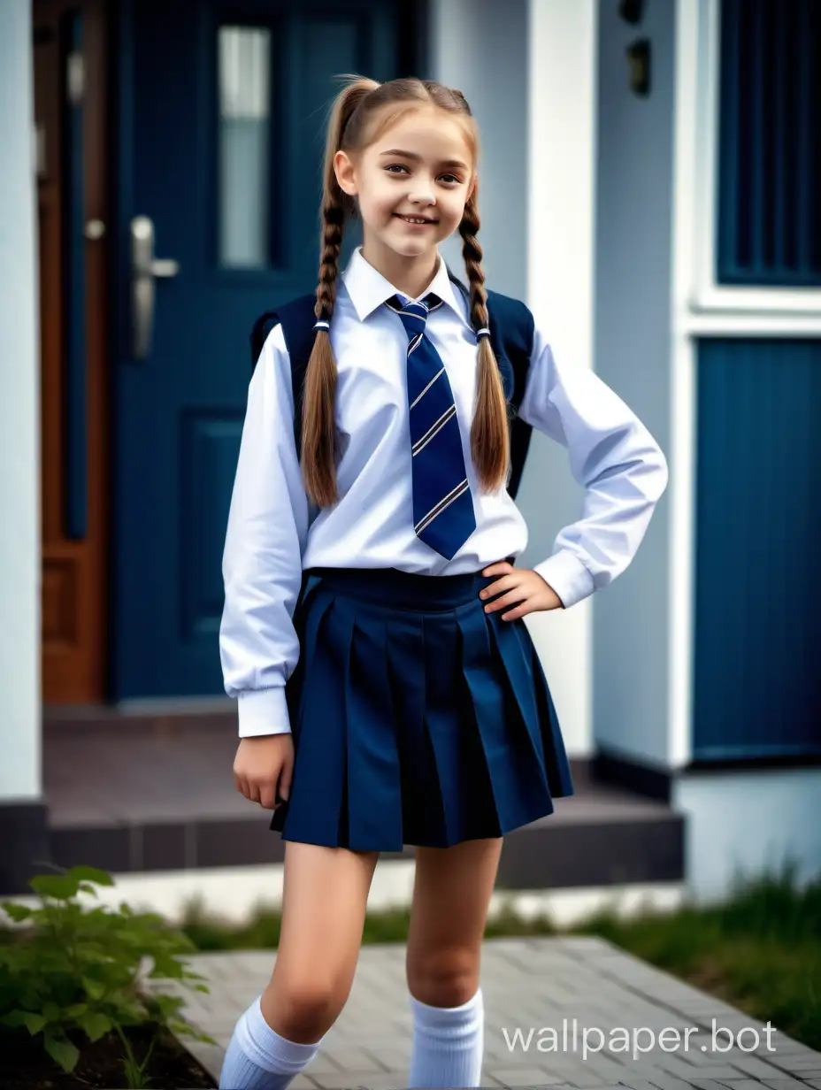 красивая английская девочка 12 лет с хвостиком в школьной форме на фоне дома, в полный рост, улыбка, динамичные позы