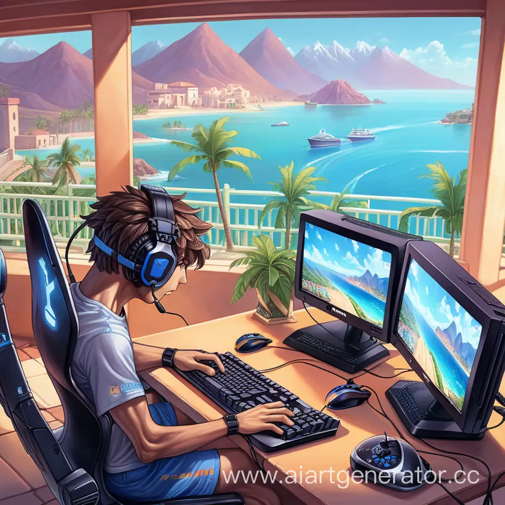игровой компьютер,двое играют в гонки , кибер спорт,  пальмы, дом, море, горы