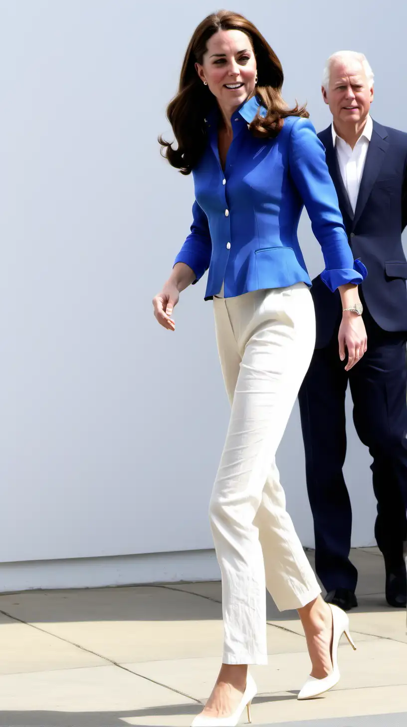 kate Middleton long sleeved off-white linen open suit jacket royal blue stretch silky satin shirt blouse and off -white linen pants and white pumps, in brightly white background 