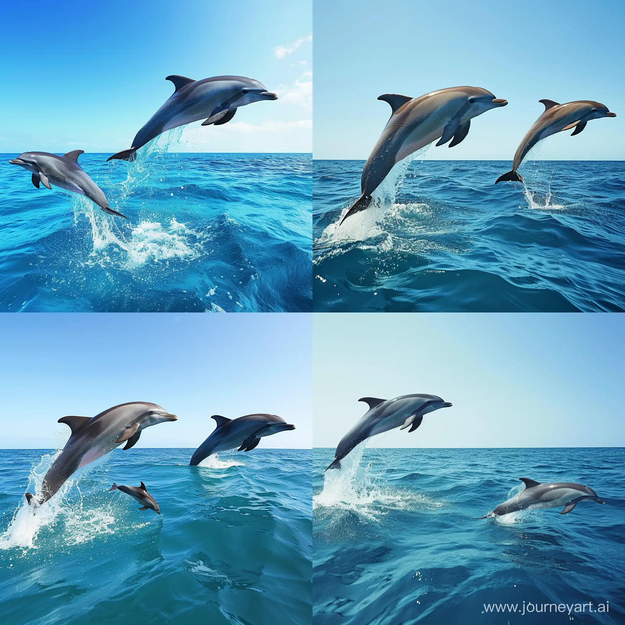 Бирюзовое море, небольшие волны,  прозрачное чистое небо, взрослый дельфин выпрыгивает из воды, рядом с ним выпрыгивает из воды дельфиненок