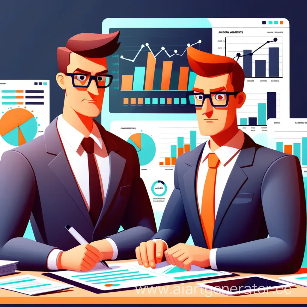 Modern Business Analytics Flat Vector Illustration. Businessmen, Analysts Team Cartoon Characters. , Stock Market Statistics. E business, Financial Analysis