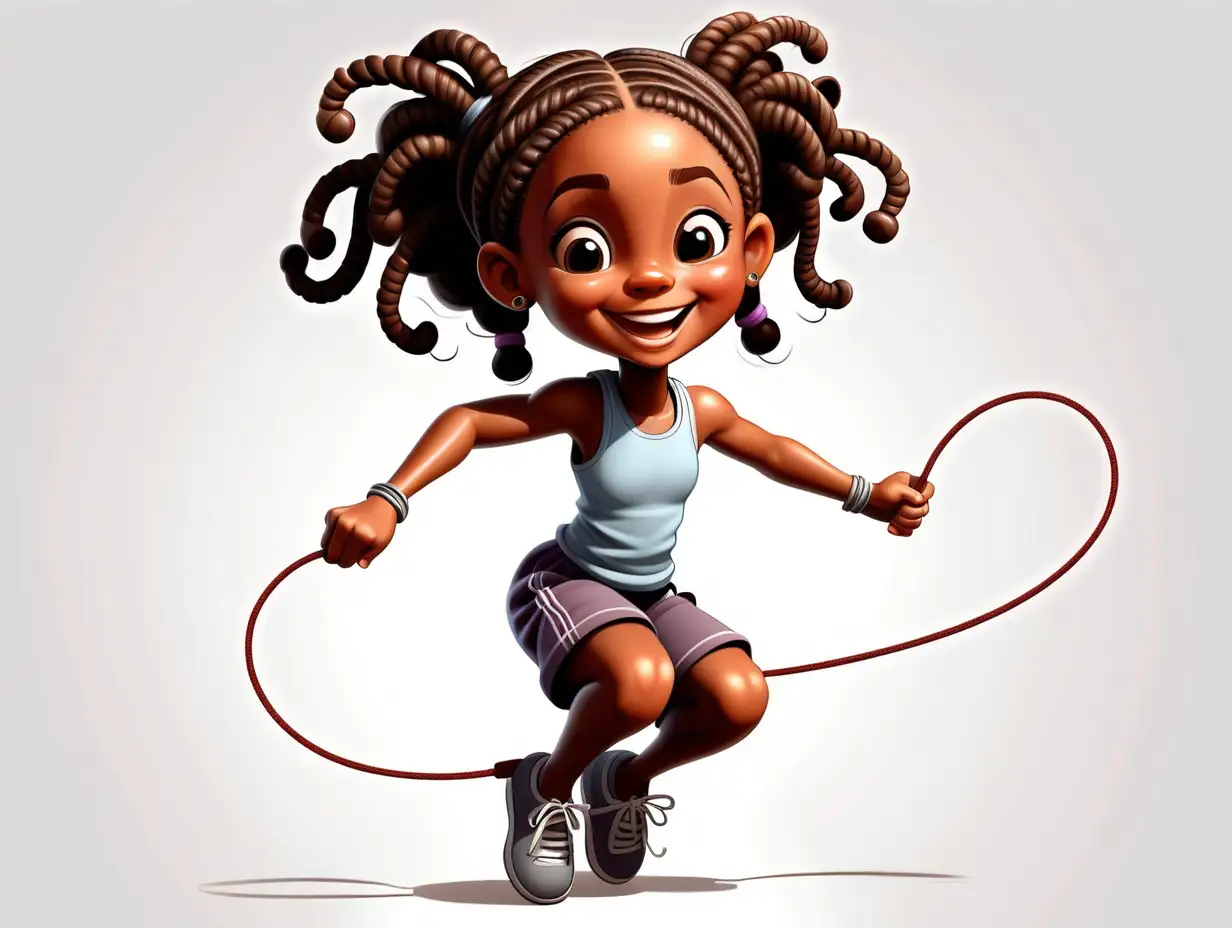 white background, black lines, vector art, children's book illustration of a realistic-looking, happy, calm, african-american, 5-year-old girl with braids, one jump-rope, full-body