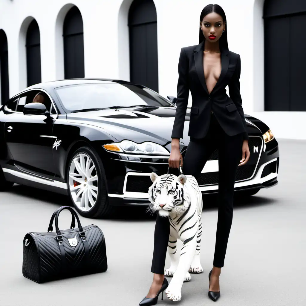 MZ brand, luxury fashion, black race model , Luxury environment , luxury bag , luxury car , live white Tiger