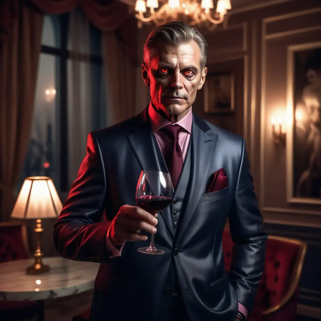 A male Ventrue, Primogen, holding a glass of wine, glowing red eyes, expensive modern clothing, wearing a suit, 50 years old, light brown hair, in a fancy room, realistic