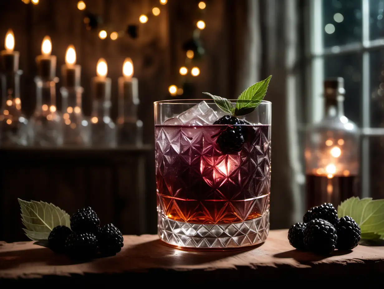 bourbon soda with blackberries and sage leaves in vintage crystal glass. twinkle lights in foreground. Rustic room in background. neutral tones. close up, artistic angle. moody, ambient lighting.